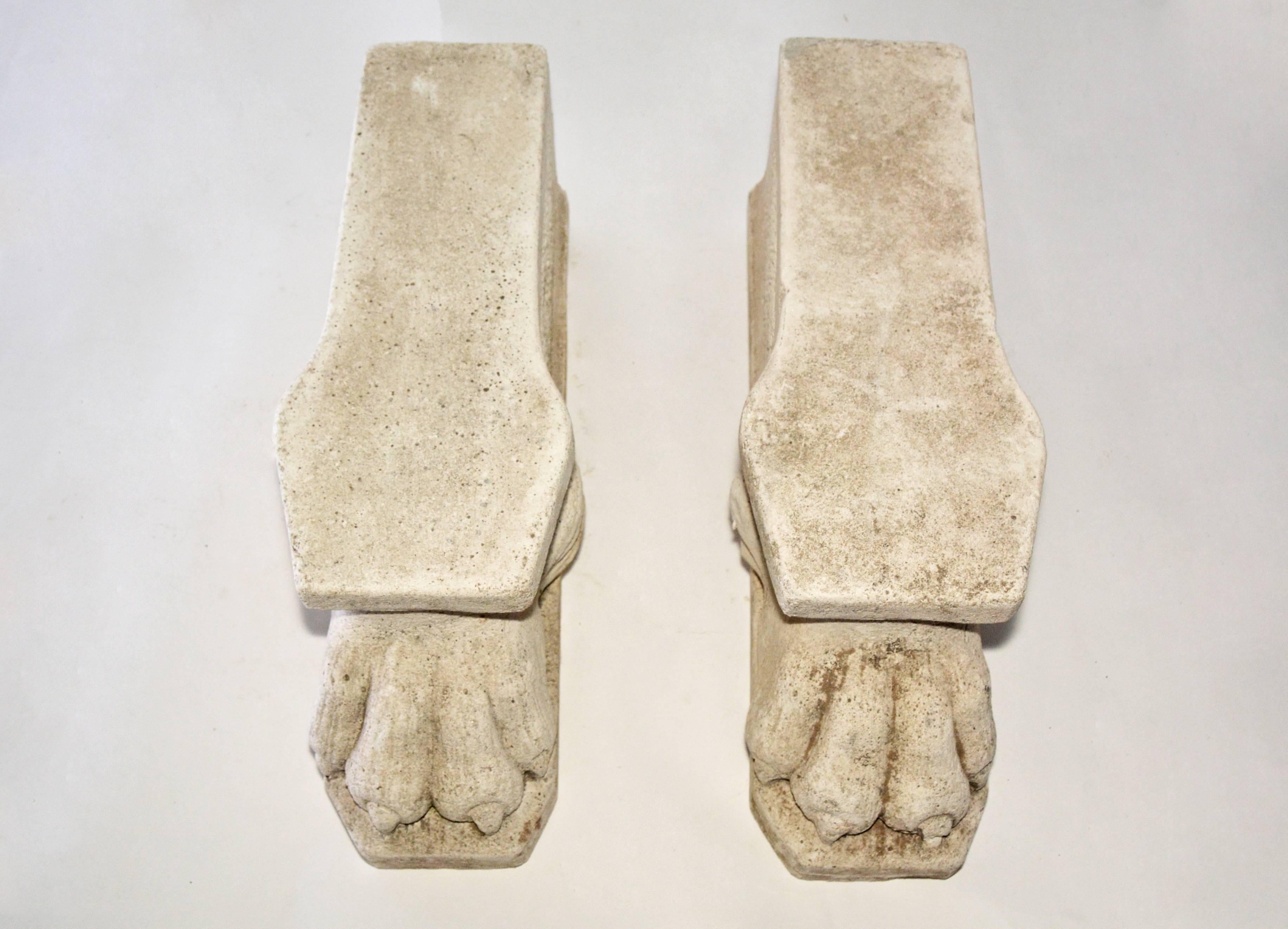 European Antique Stone Sculpted Lion Paw Pedastals, Pair