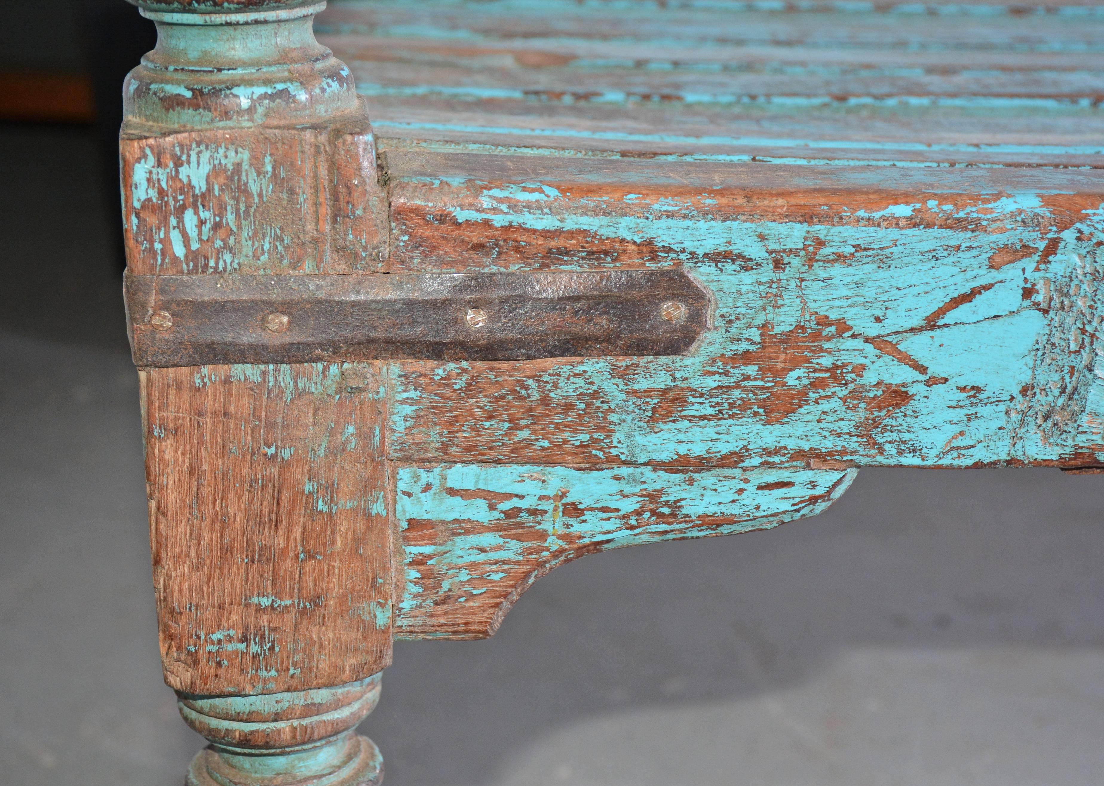 Rustic Antique Painted Teak Wood Garden Bench