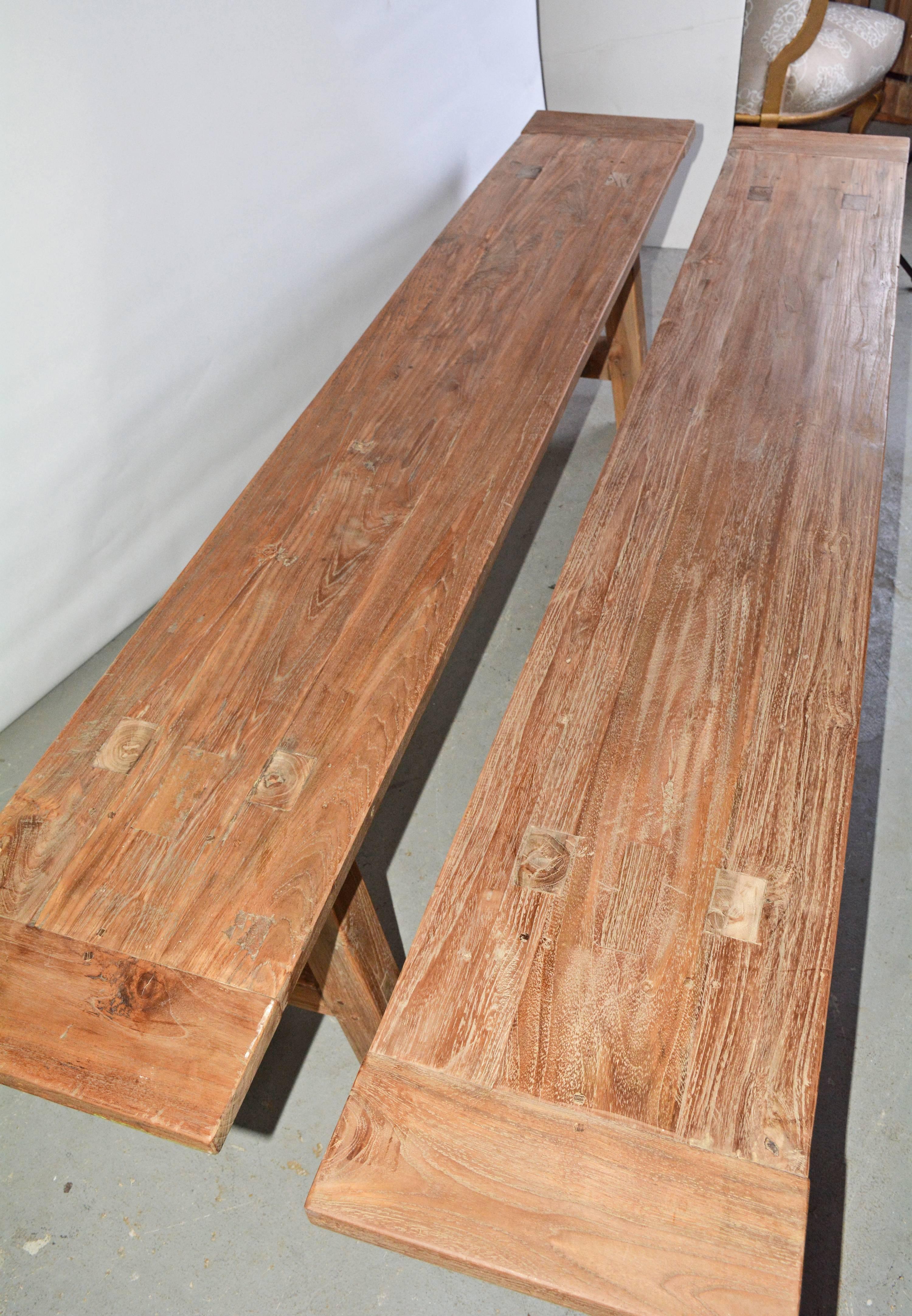 Hand-Crafted Pair of Rustic Teak Benches
