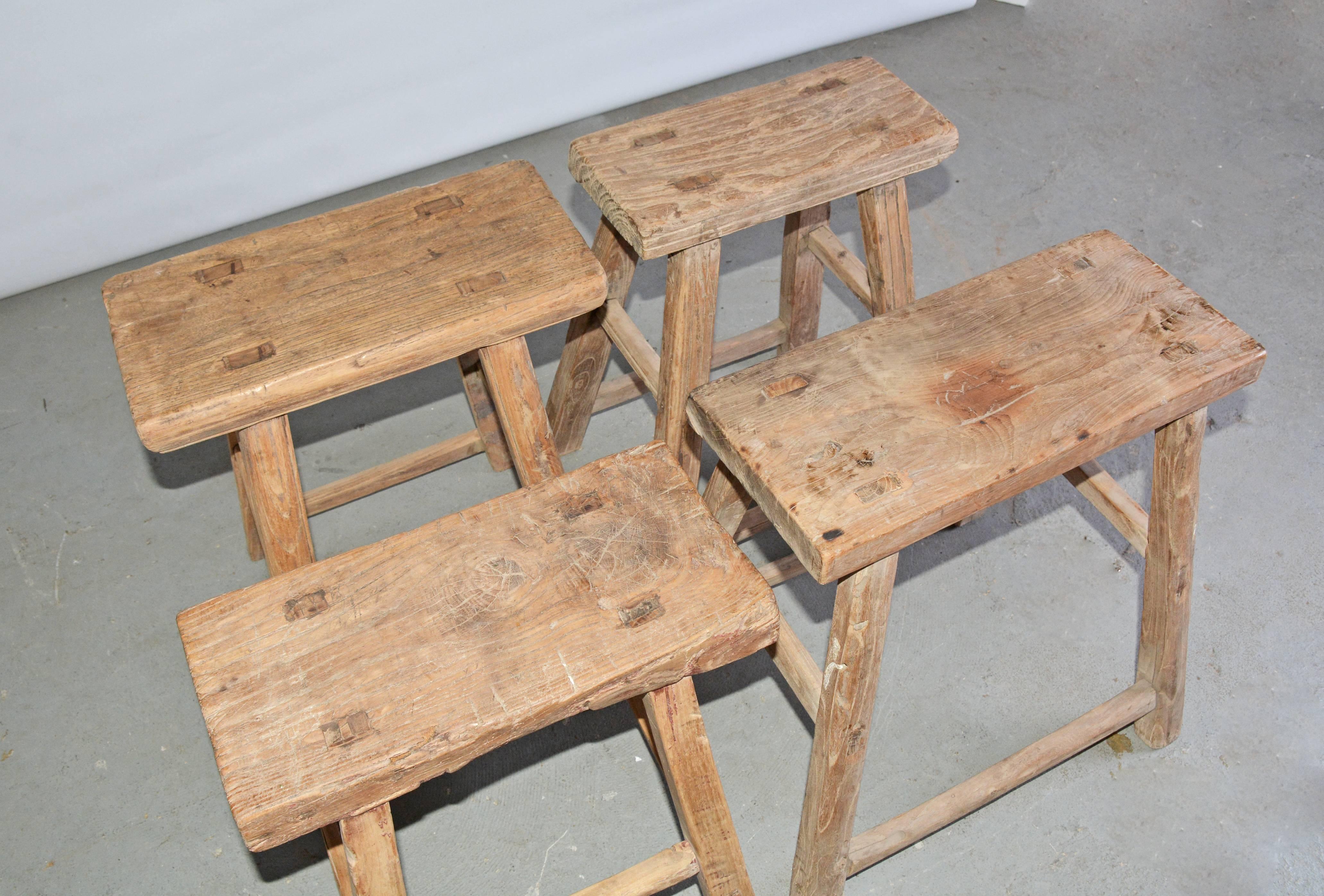 Chinese Four Rustic Asian Teak Stools, Sold Singly