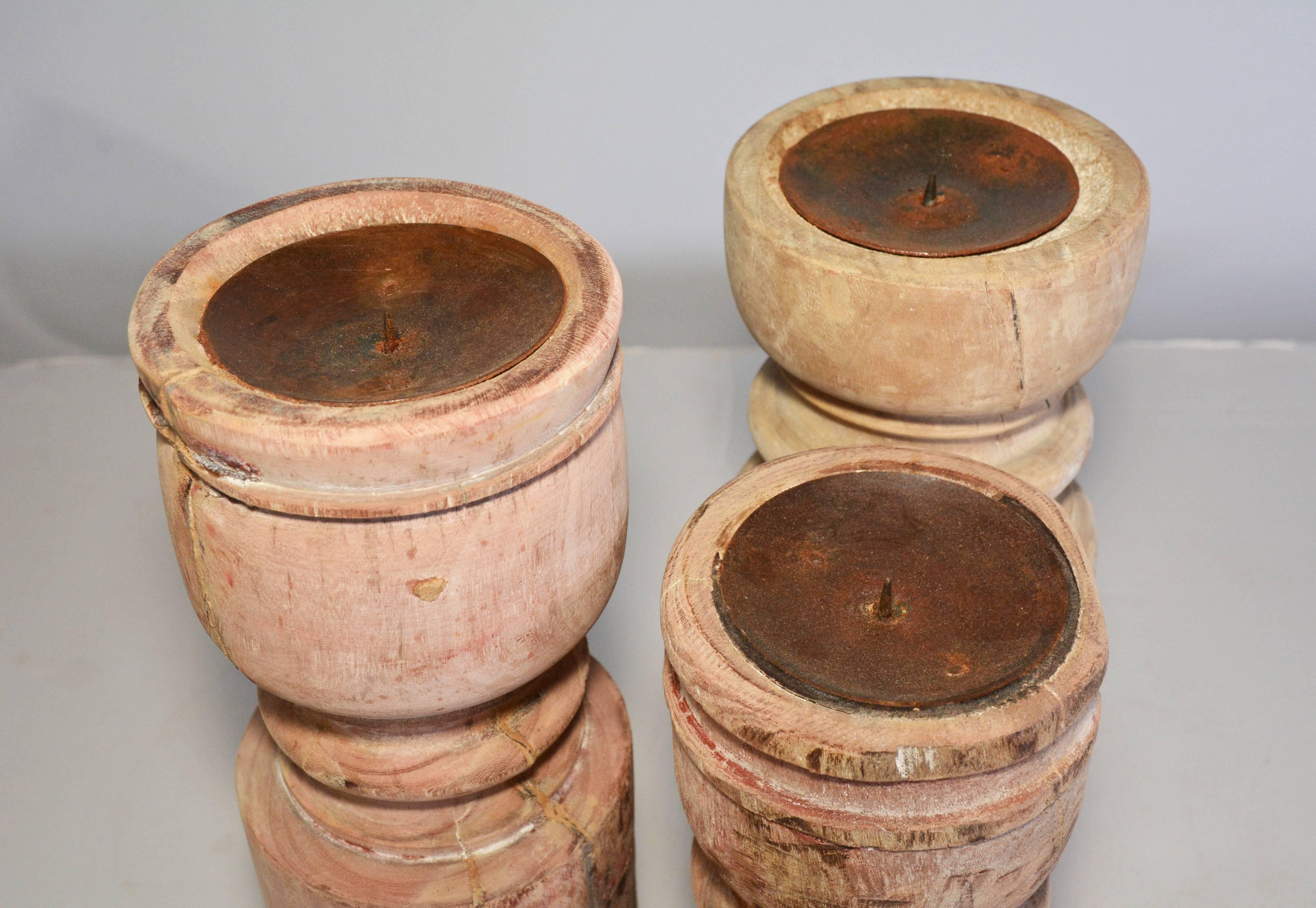 Asian Rustic Antique Wood Candle Holders For Sale
