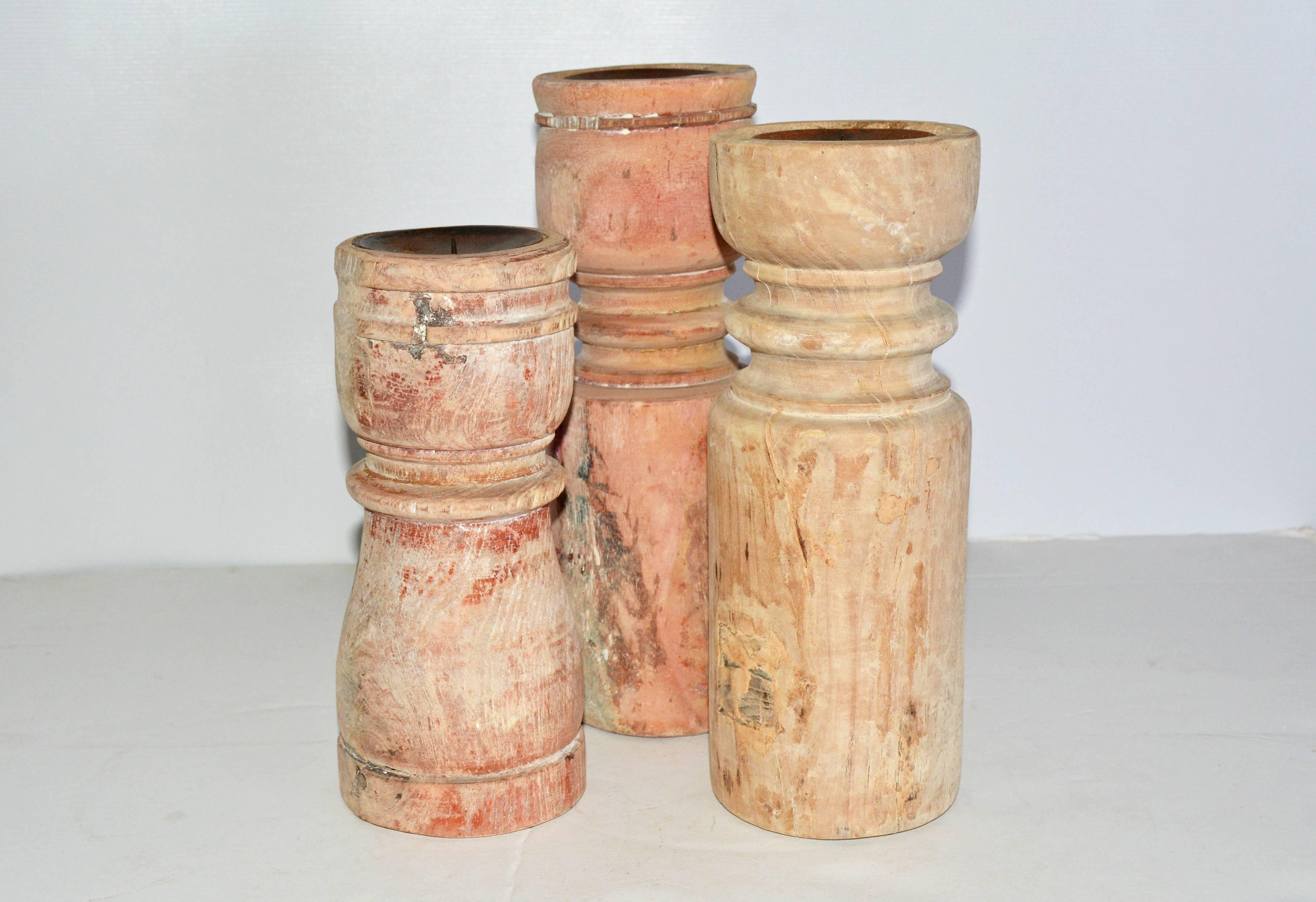 Rustic Antique Wood Candle Holders For Sale