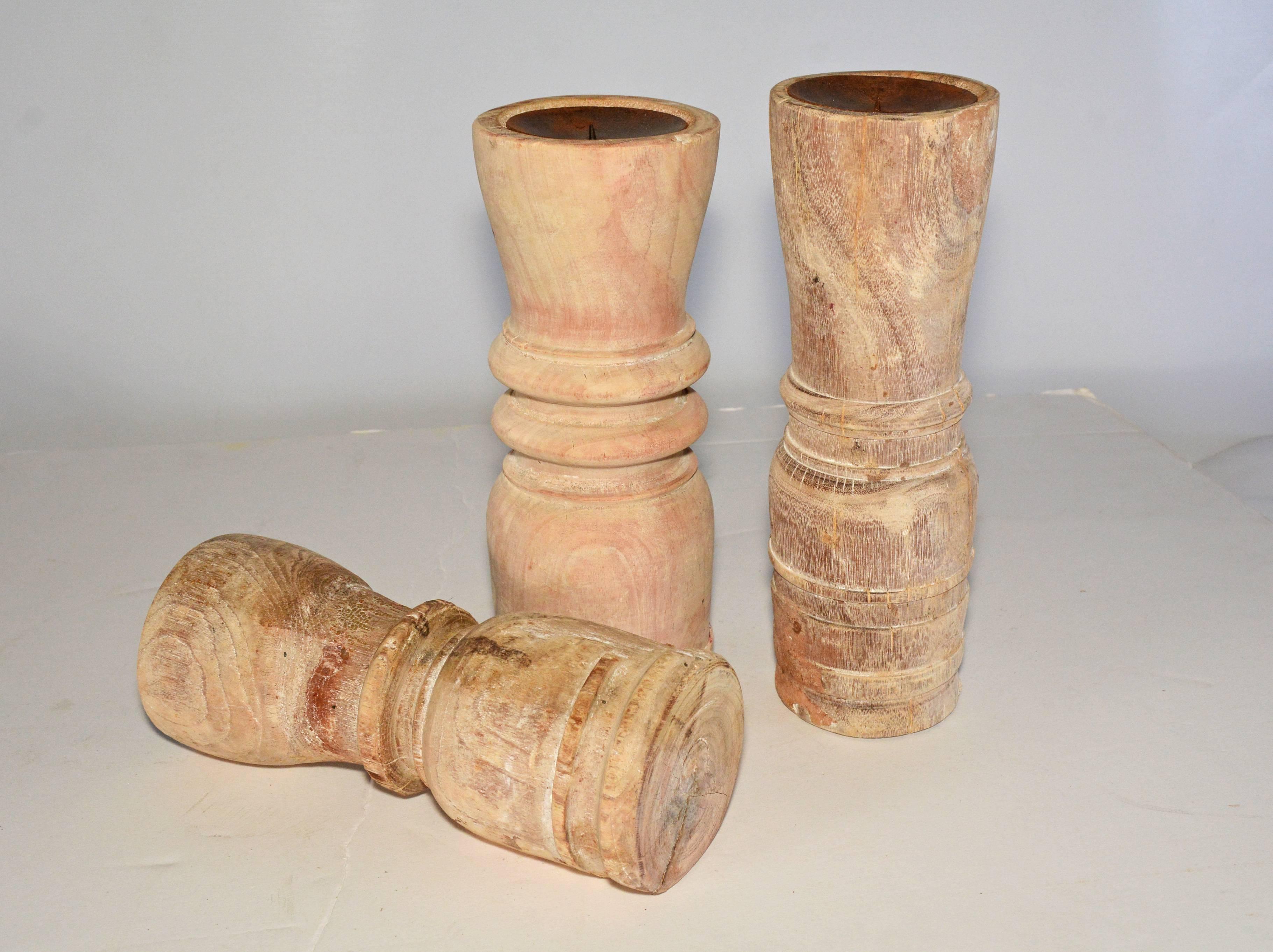 Hand-Crafted Three Rustic Teak Candleholders