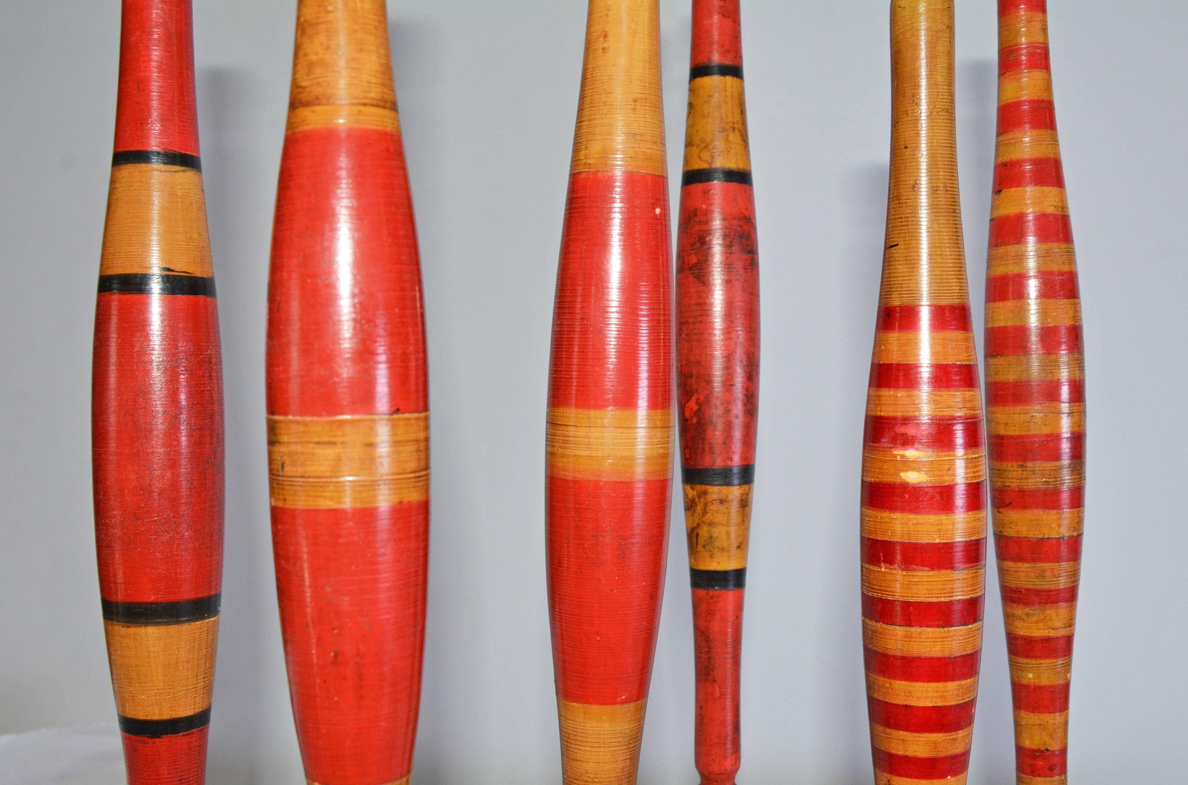 Collection of Vintage Painted Wood Spindles on Stands In Excellent Condition In Sheffield, MA