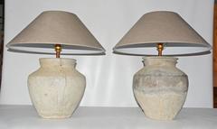 Large Antique Jar Lamps with Shades, Pair