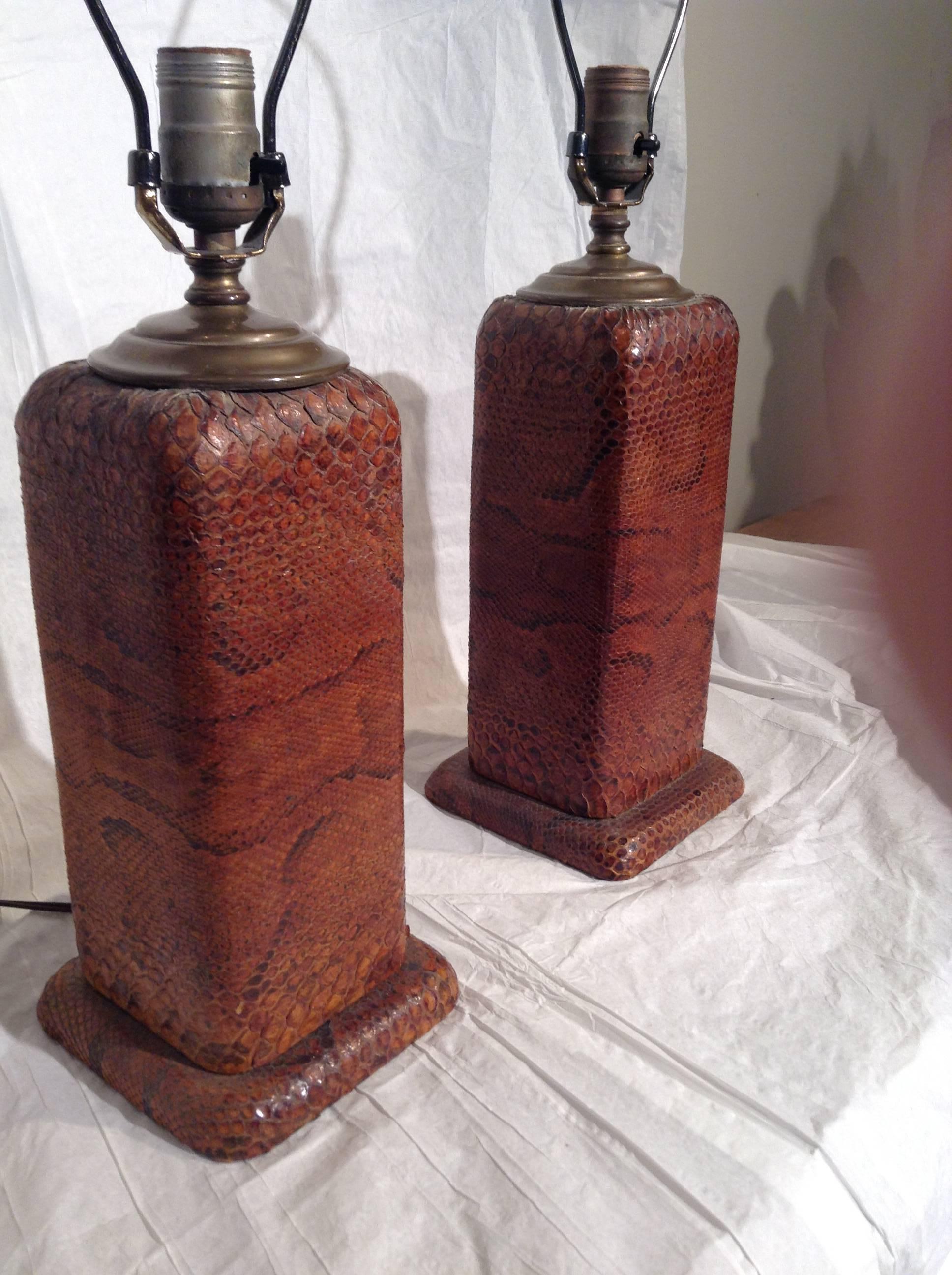 Mid-Century Modern Pair of Python Skin Lamps For Sale