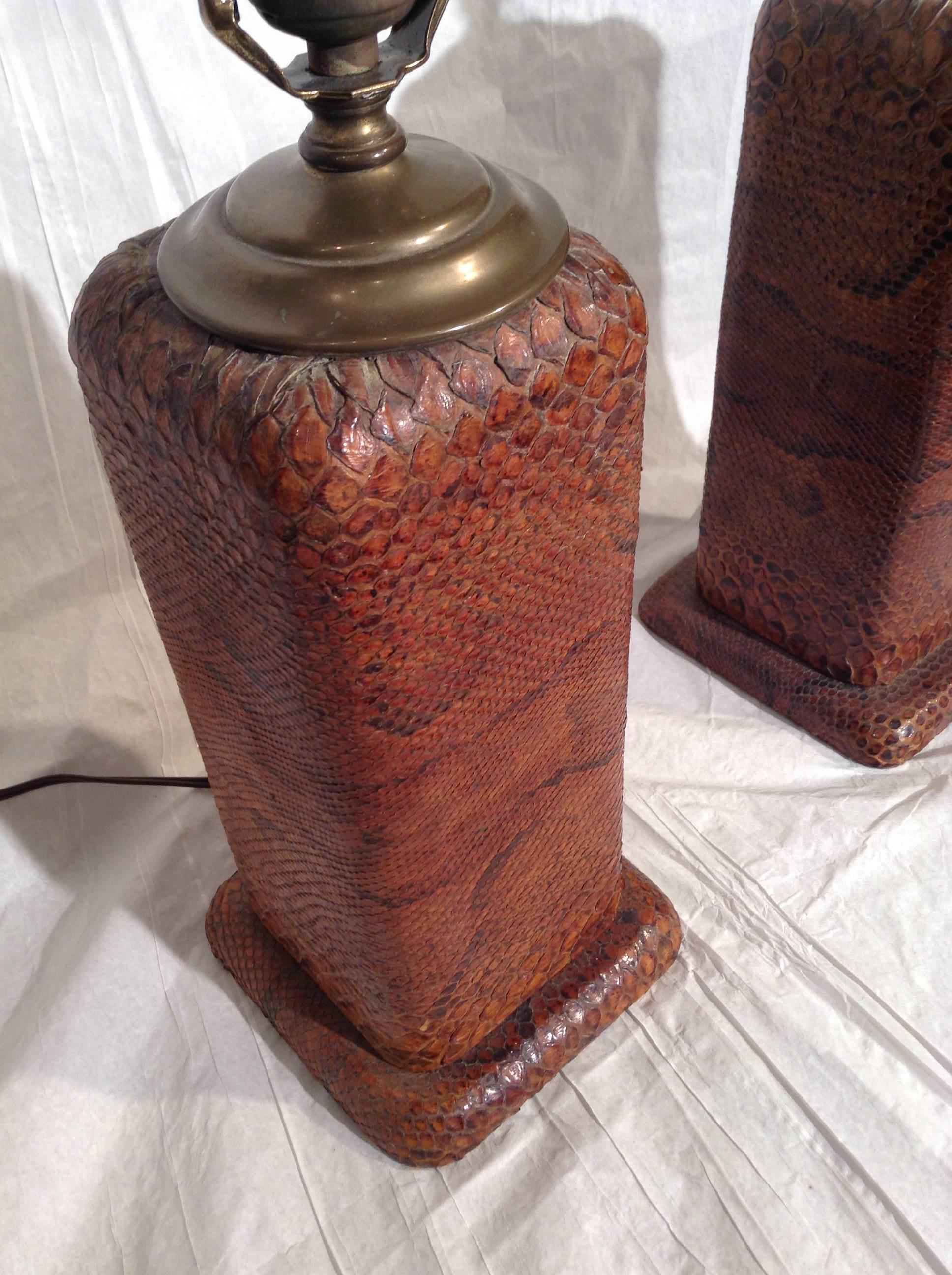 Pair of Python Skin Lamps In Good Condition For Sale In Sheffield, MA