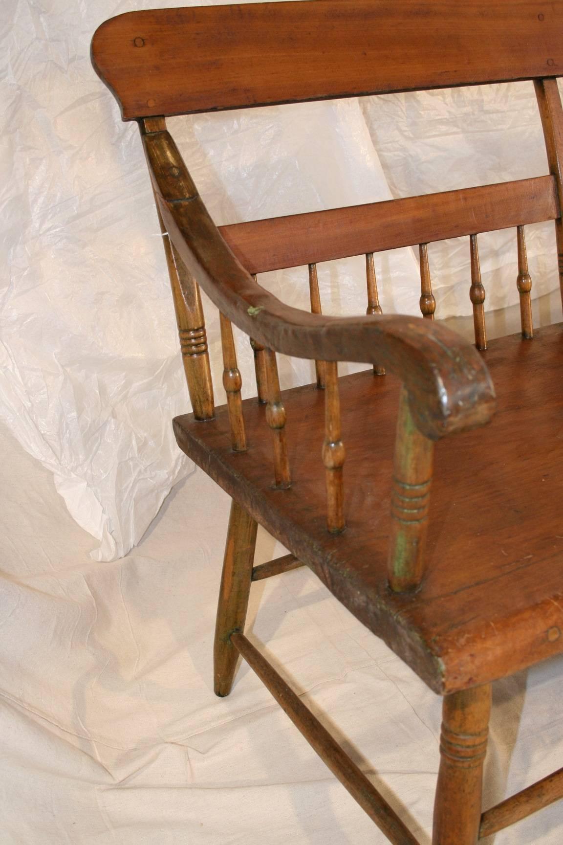 19th century spindle back New England Deacon's bench
Refinished has evidence of old paint patina and old repairs.