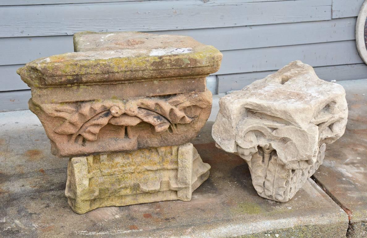 English 15th century architectural stone elements are capitals of two different styles of pilasters. These can be used as garden decorations or as indoor or outdoor side table, put of piece of glass on top or as is. Can be sold