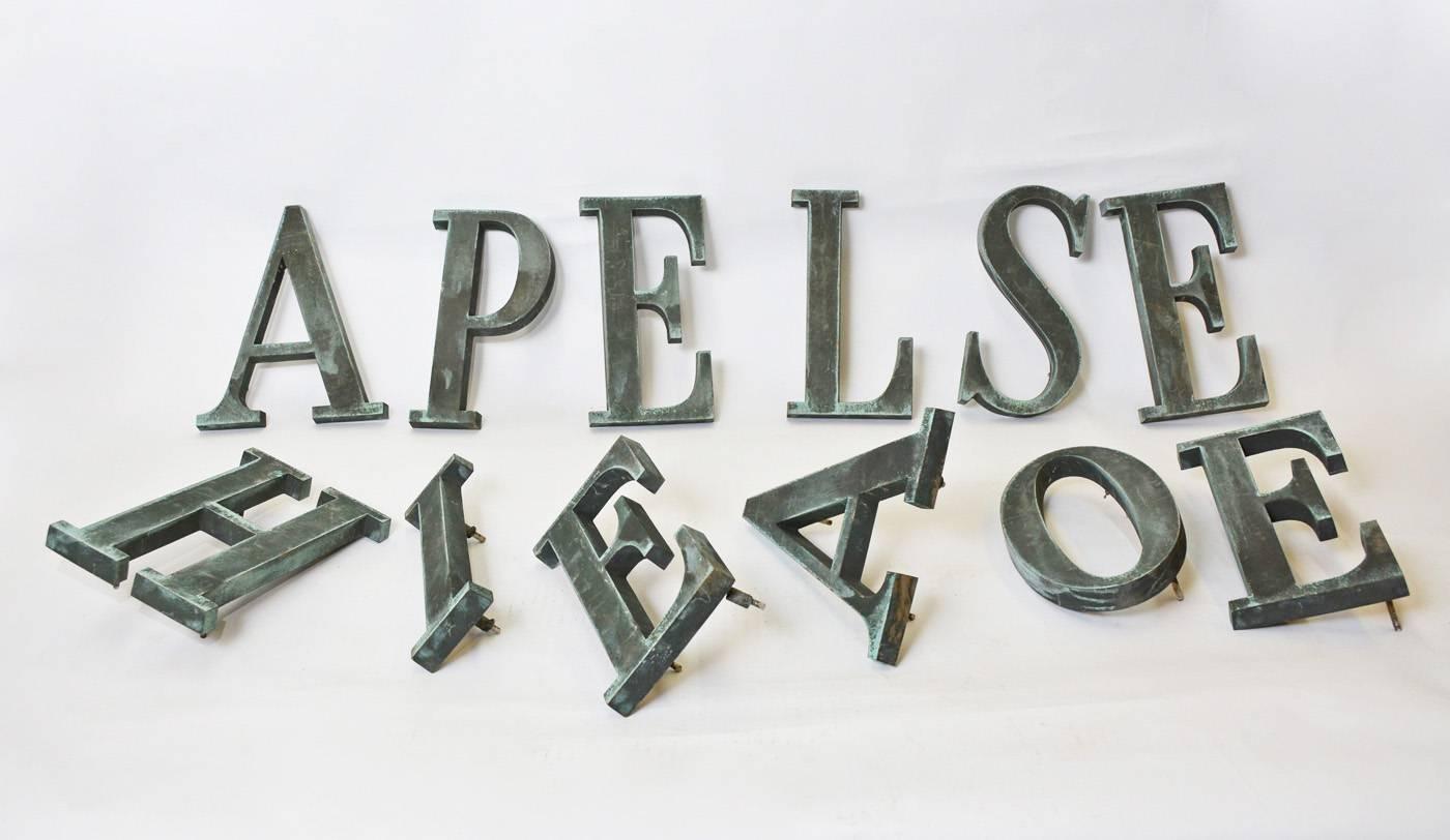Large heavy weight and strong patina on these bronze letters (Characters). Can be used indoors or out. Great as wall decoration or signage. Dimensions below are for the largest letter, the 