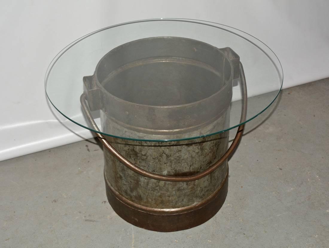 Industrial Antique Two-Tone Iron Bucket with Glass Top Coffee Table For Sale