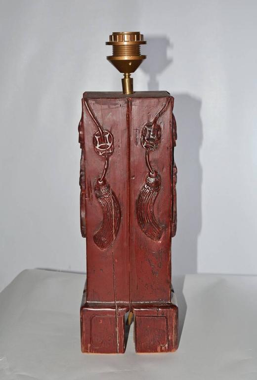 Rustic Antique Chinese Painted Wood Lamp Base For Sale