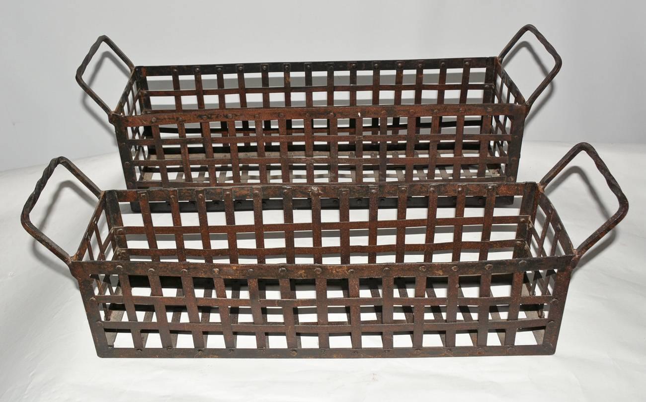 Industrial Pair of Vintage Wrought-Iron Shell-Fish Baskets