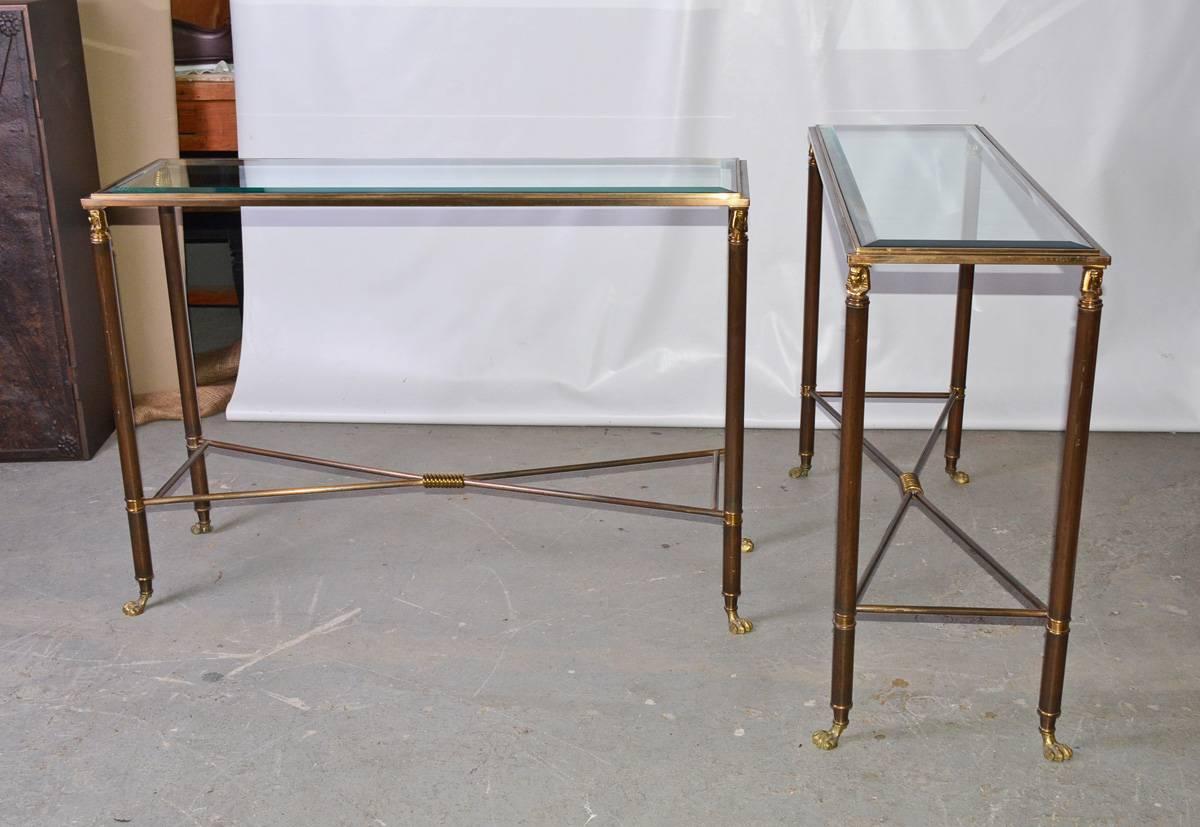 Egyptian Revival Pair of Bronzed Brass and Glass Top Console Tables