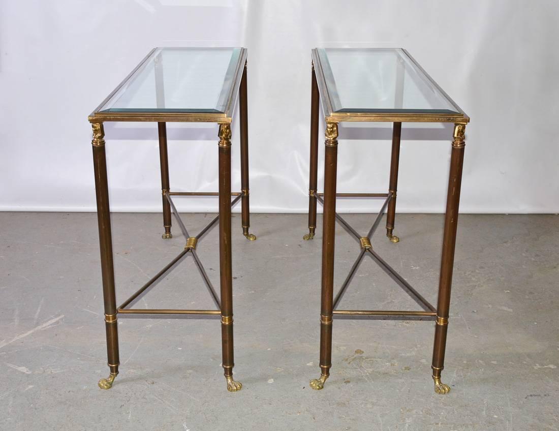 American Pair of Bronzed Brass and Glass Top Console Tables