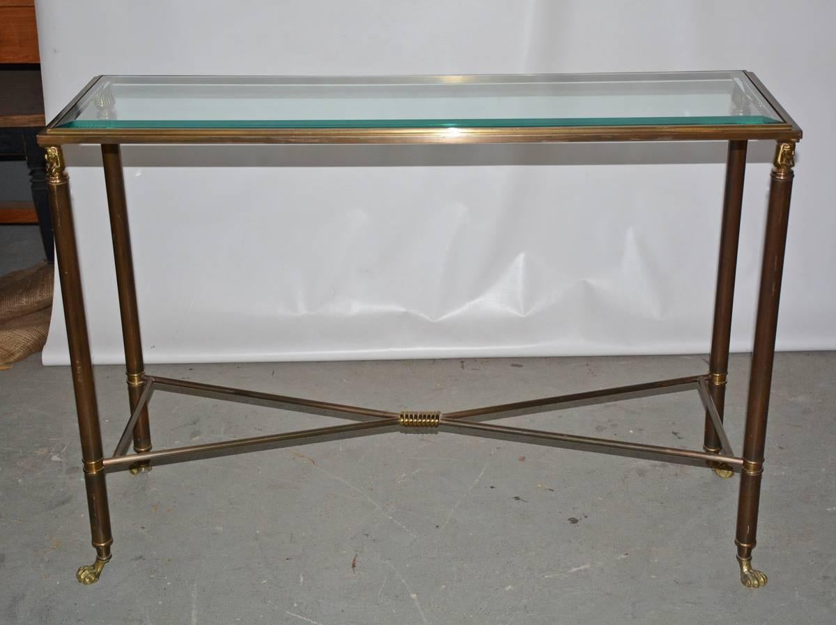Machine-Made Pair of Bronzed Brass and Glass Top Console Tables