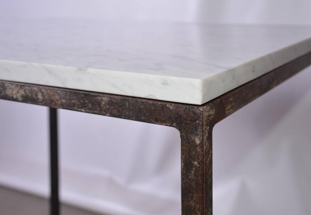 Industrial Custom Made Contemporary Wrought Iron and Marble Side/Lamp Table For Sale