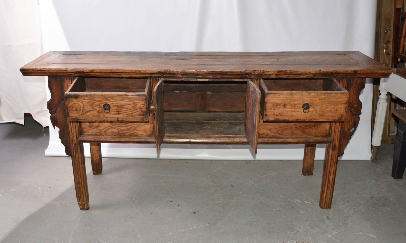 Rustic country style Chinese, Shanxi province country style Qianlong Qing period Altar coffer or sideboard, with two center doors, two side drawers. Simple elegant organic design with original hardware. Clear lines with simple carving. Beautiful