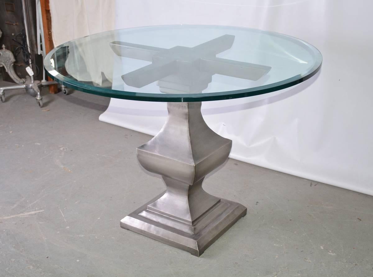 Modern Contemporary Glass and Nickel-Plated Iron Pedestal Dining Table Base