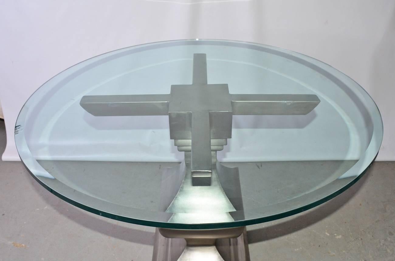 Beveled Contemporary Glass and Nickel-Plated Iron Pedestal Dining Table Base