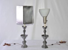 Pair of Pewter Candlestick Lamps with Silver Shades