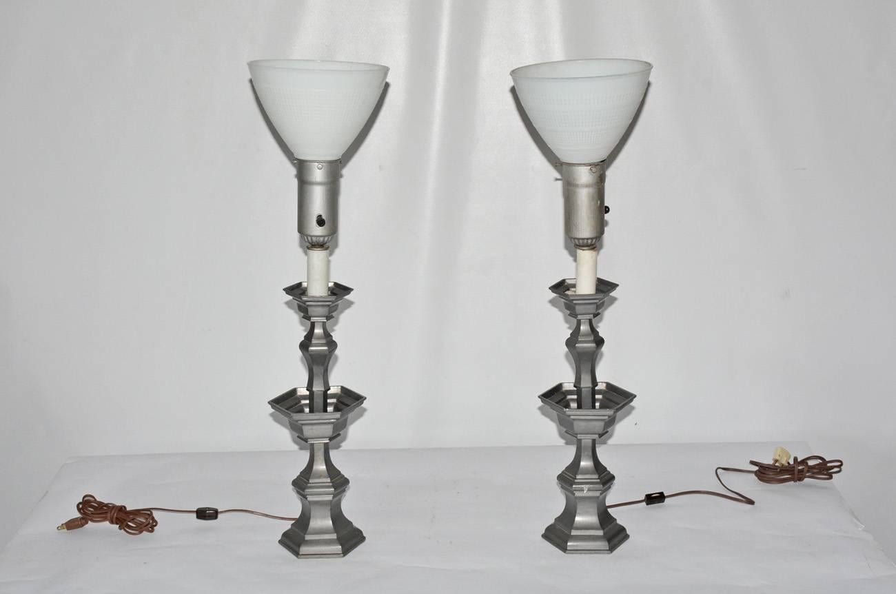Other Pair of Pewter Candlestick Lamps with Silver Shades