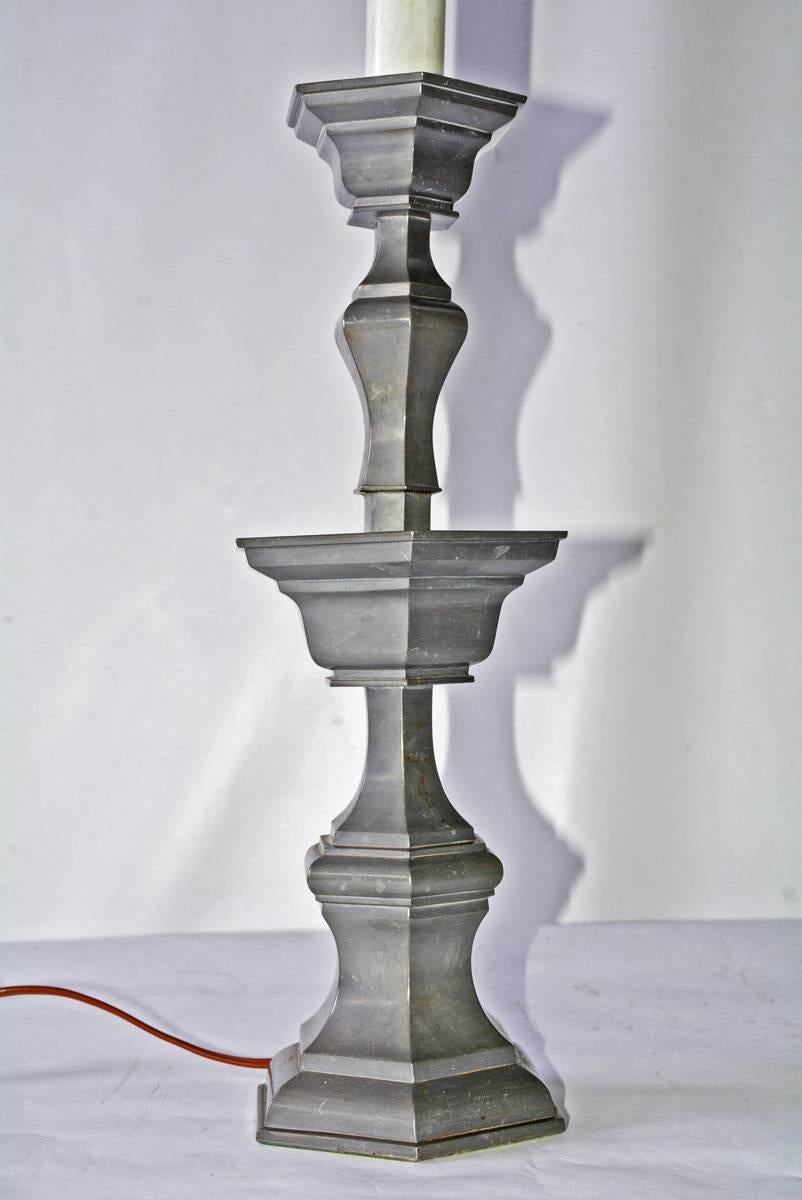 American Pair of Pewter Candlestick Lamps with Silver Shades