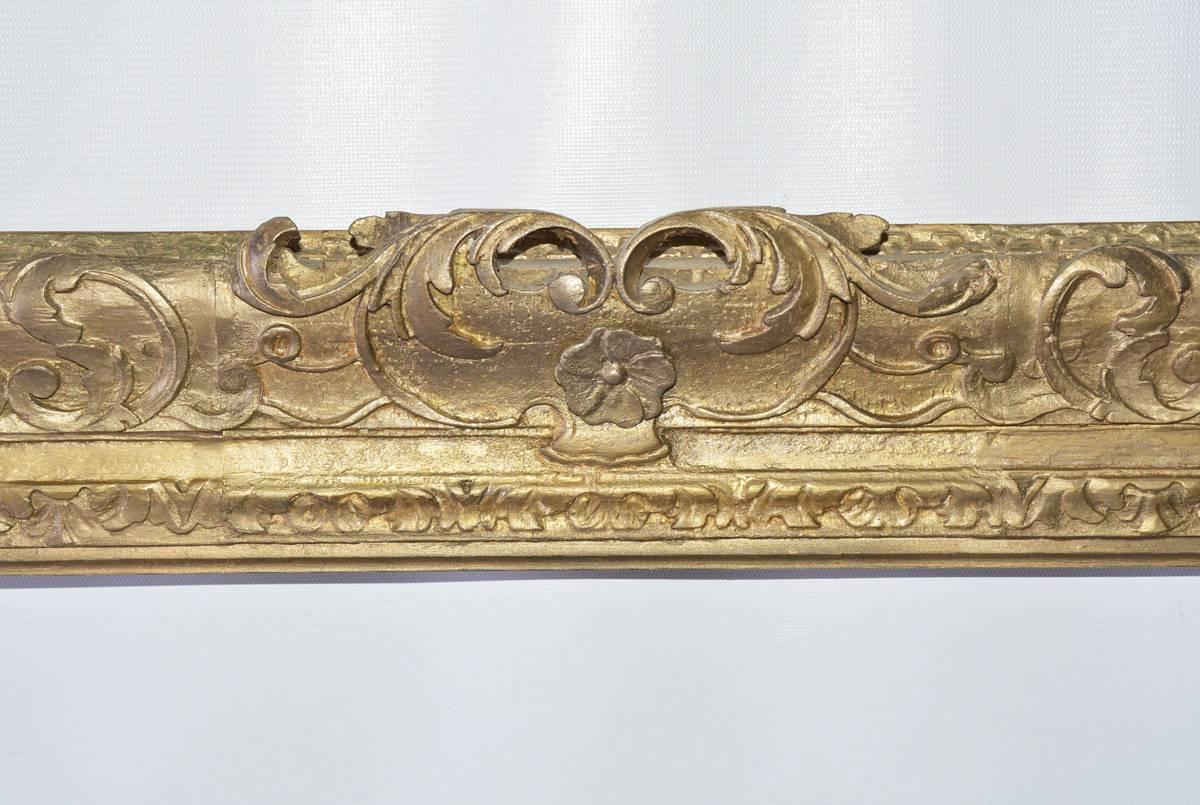 The vintage French-style giltwood picture or mirror frame is decorated with molded leaves and scrolls. Can be used for painting or as mirror frame. Hang horizontal or vertical. We can facilitate installing mirror.

Inside of frame - W 35.75