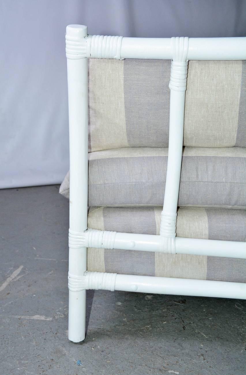 Linen Midcentury Porch or Sun Room Upholstered Loveseat For Sale