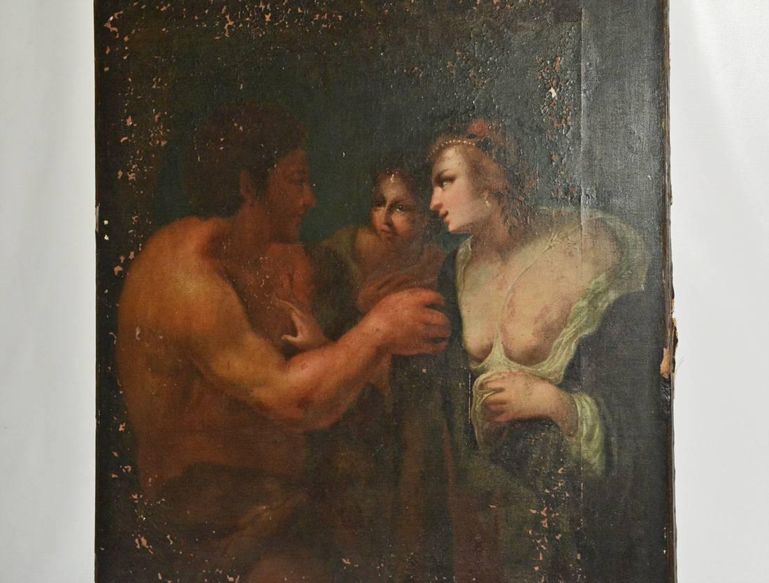 La peinture à l'huile sur toile ancienne non encadrée est de style Renaissance. Deux femmes discutent avec l'homme de droite. La toile est tendue sur un cadre en bois à l'arrière.