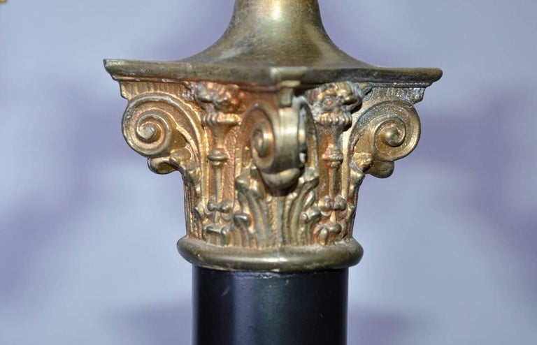 French Neo-Classical Black and Gilt Metal Column Floor Lamp In Fair Condition For Sale In Great Barrington, MA