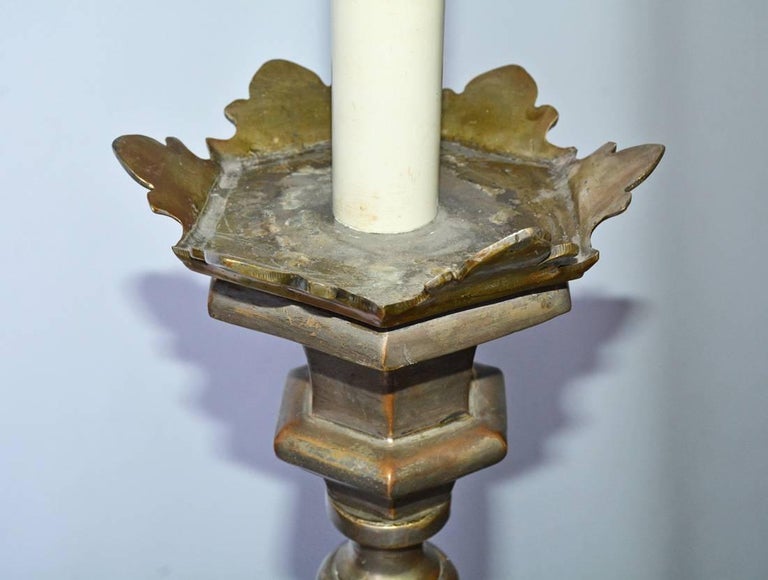Metalwork Antique Brass Renaissance Style Candlestick Floor Lamp For Sale