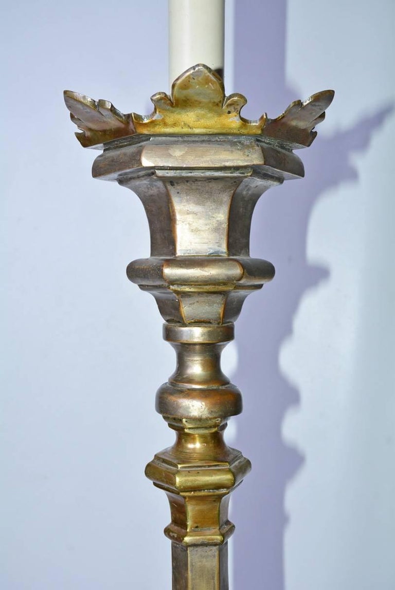 Antique Brass Renaissance Style Candlestick Floor Lamp In Good Condition For Sale In Great Barrington, MA