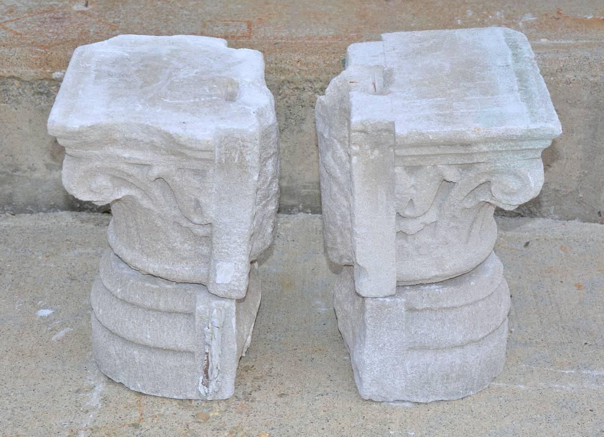 Classical Roman Pair of Antique Carved Stone Capitals and Bases For Sale