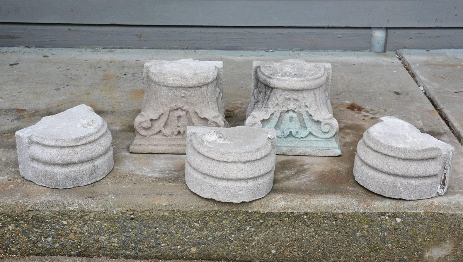 Hand-Carved Pair of Antique Carved Stone Capitals and Bases For Sale