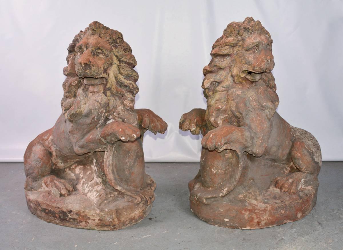 Baroque Pair of 19th Century Terracotta Lions