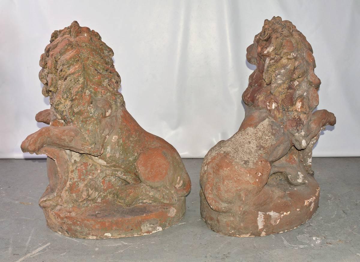 Cast Pair of 19th Century Terracotta Lions