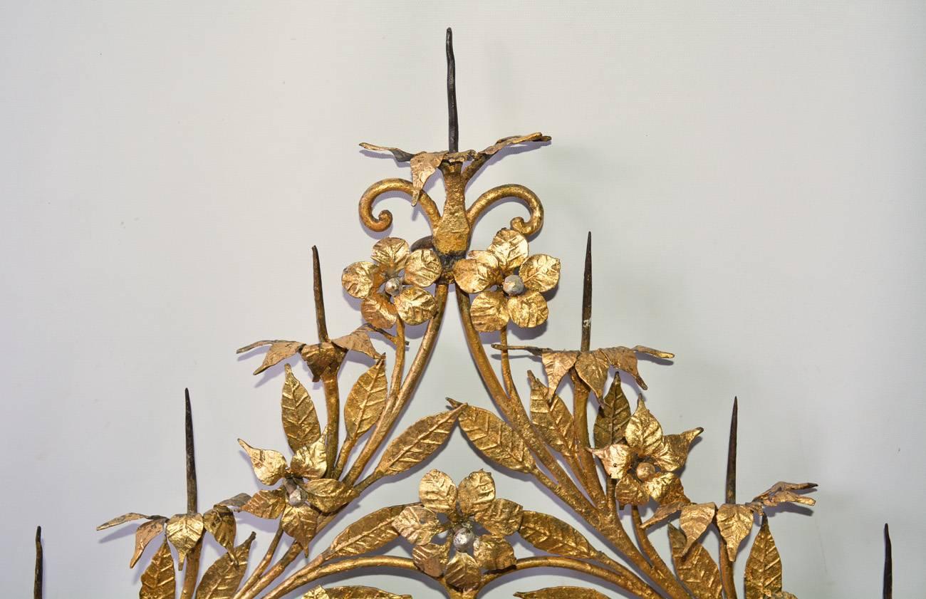 Hand-Painted Antique Gilt Metal 12-Candle Floral Wall Sconce