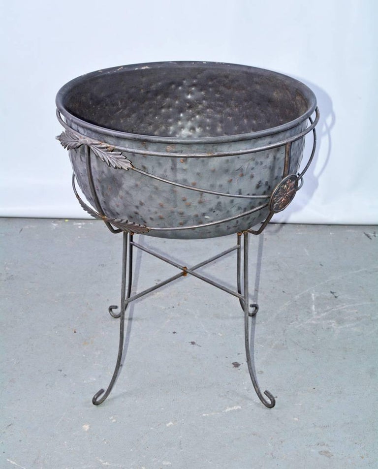 Vintage Metal Planter on Plant Stand For Sale at 1stDibs
