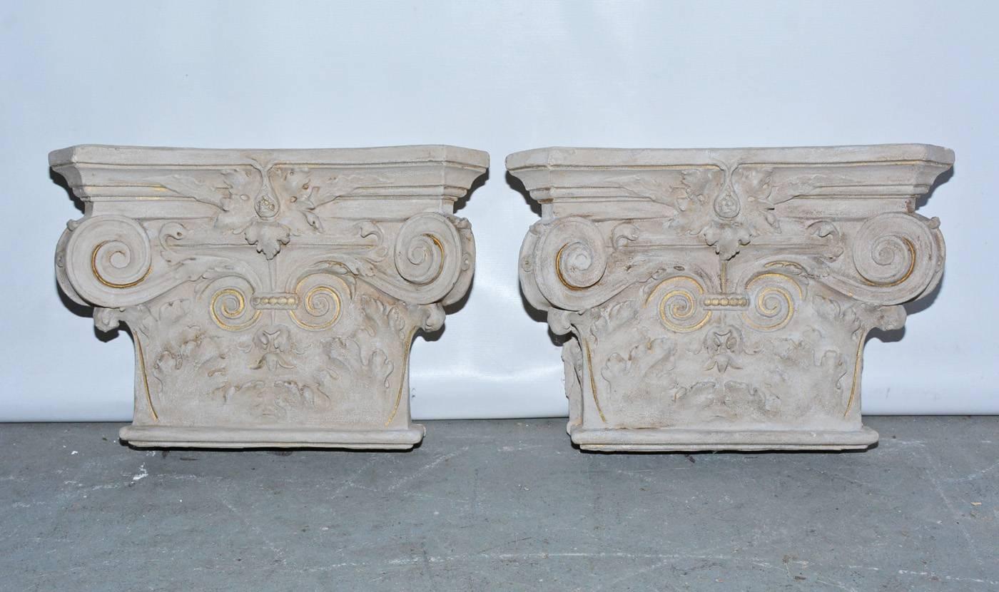 Pair of 19th century plaster detail from a classical building in France. Were the capitals on top of two columns. Can be wall mounted sculptures or brackets.