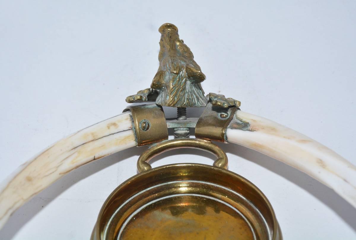 Brass Ink Bottle with Boar Head and Antlers For Sale