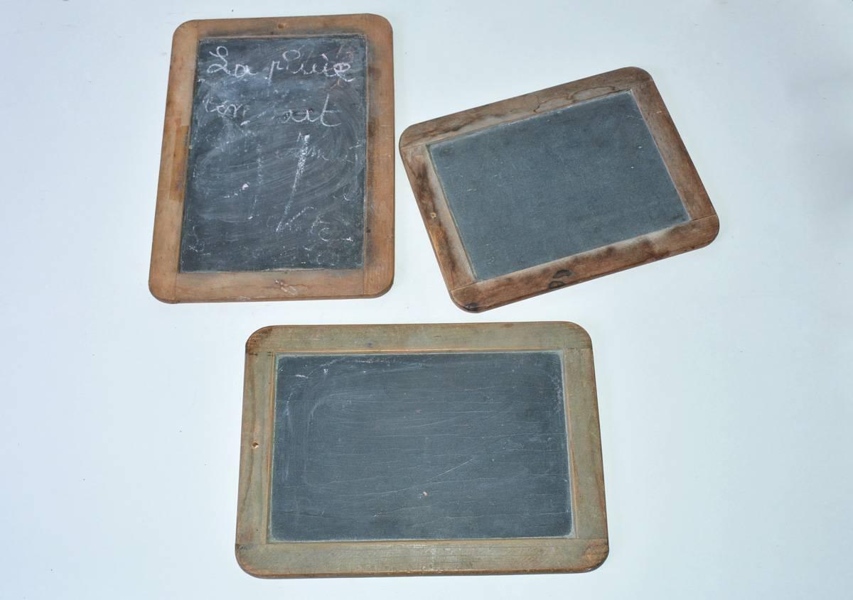 Three wonderful and charming small French vintage chalkboards, some still show remanent of French writing on the boards.
Measure: 2nd piece: D 0.38