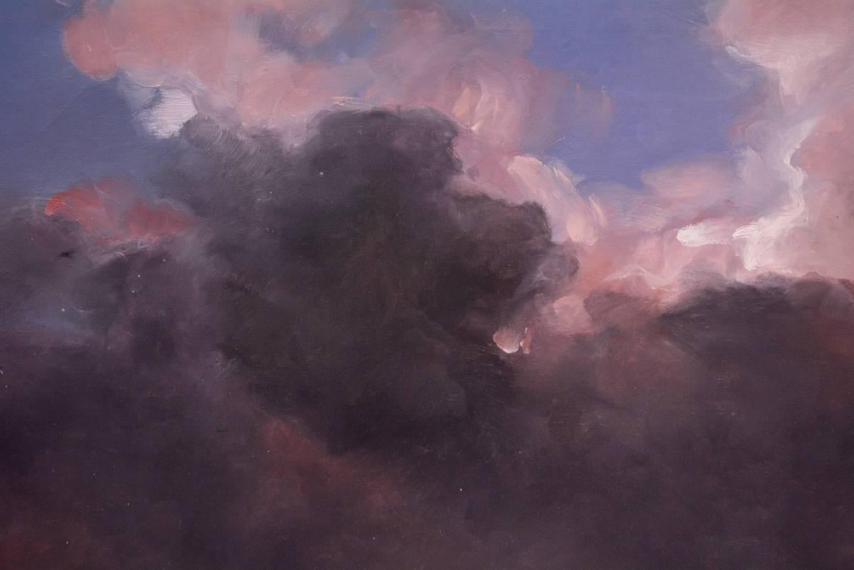 Purple storm clouds. Oil on canvas, figurative, at evening with classical palette by Columbian artist, Carlos Nariño, who lives and works in Paris since 1985. This painting was done while visiting the US in 2009. Exhibits include: Marlborough