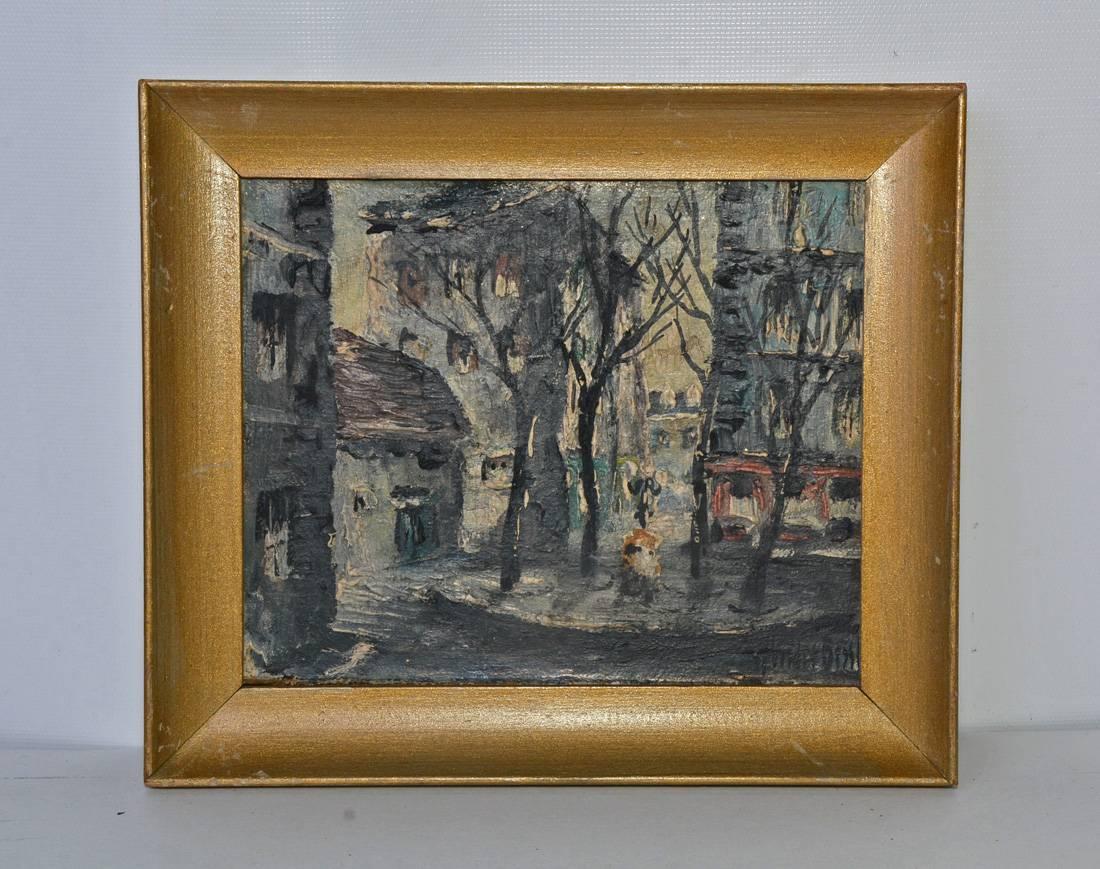 The four petite 20th century Parisian landscapes are painted and signed in oil on paper board by Andre Bessp. The artist has labeled and signed each one on the back: 