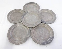 Six Vintage Colonial-Style Scalloped Pewter Dinner Plates