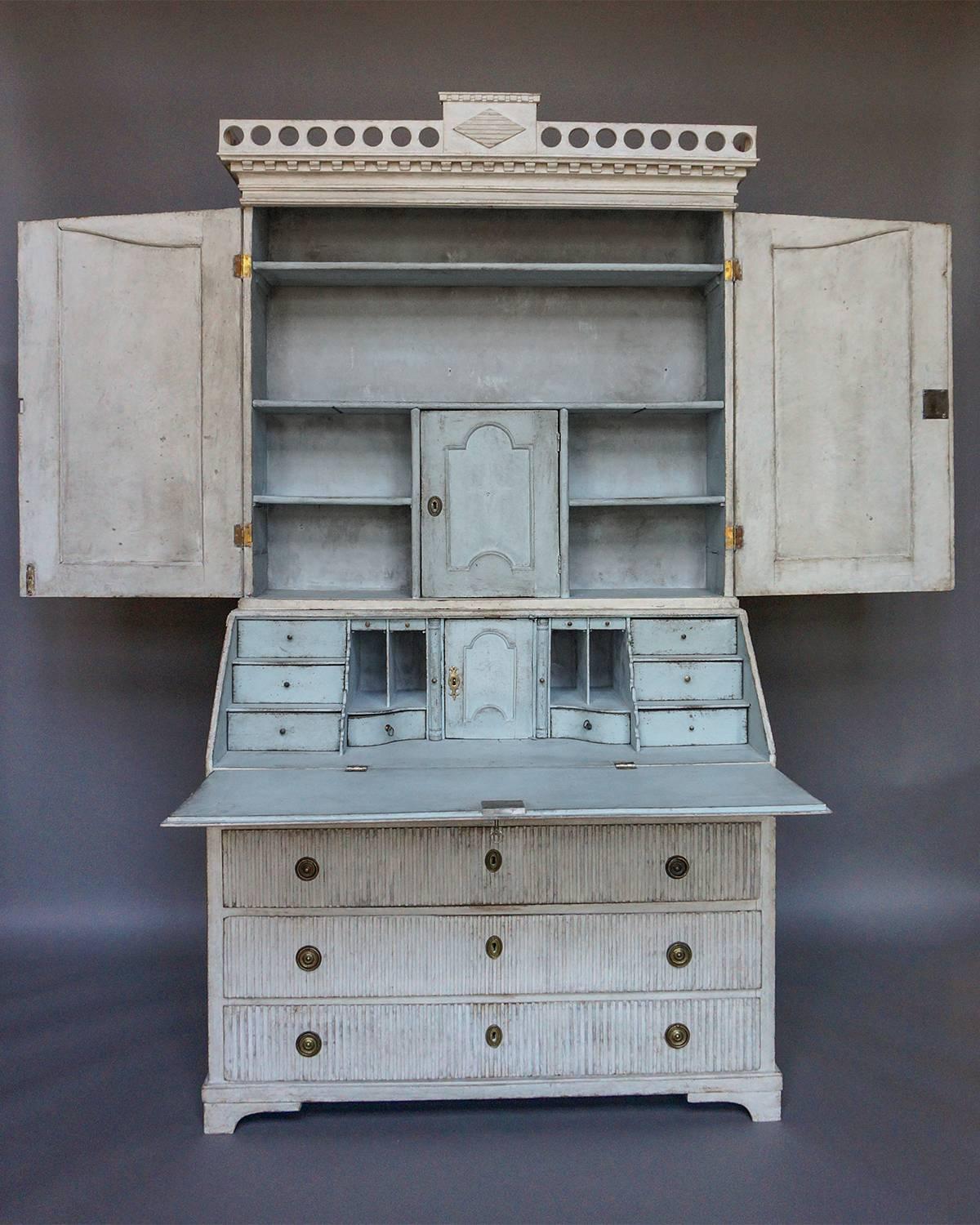 Carved Swedish Gustavian Two-Part Secretary with Pierced Cornice For Sale