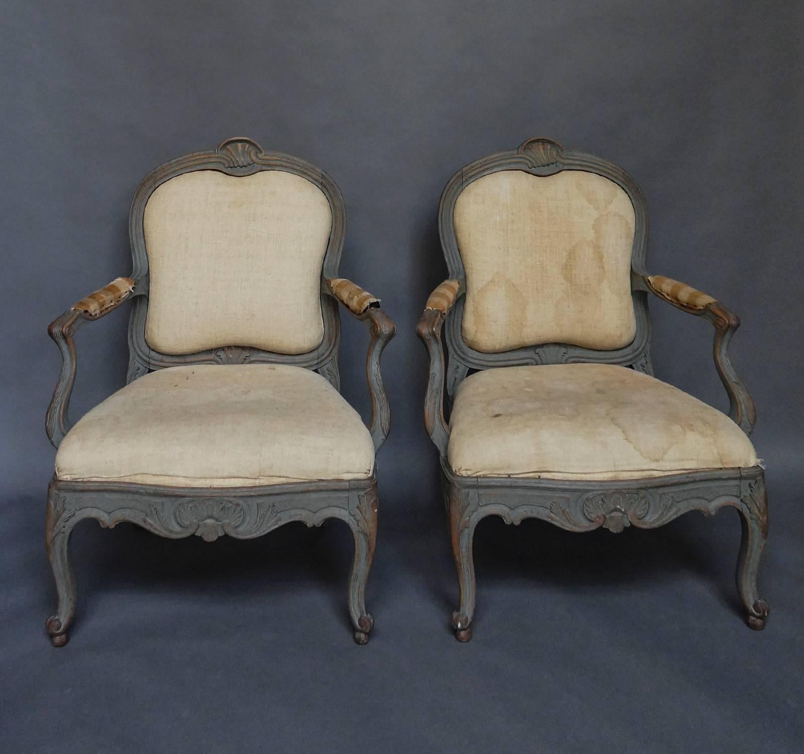 Pair of Swedish armchairs from the home of Countess O.S. Henckel von Donnersmarck. They were made and dated in 1866 after a model from 1760, eventually finding their way to the entailed Biby estate in Södermanland, Sweden. The frames are