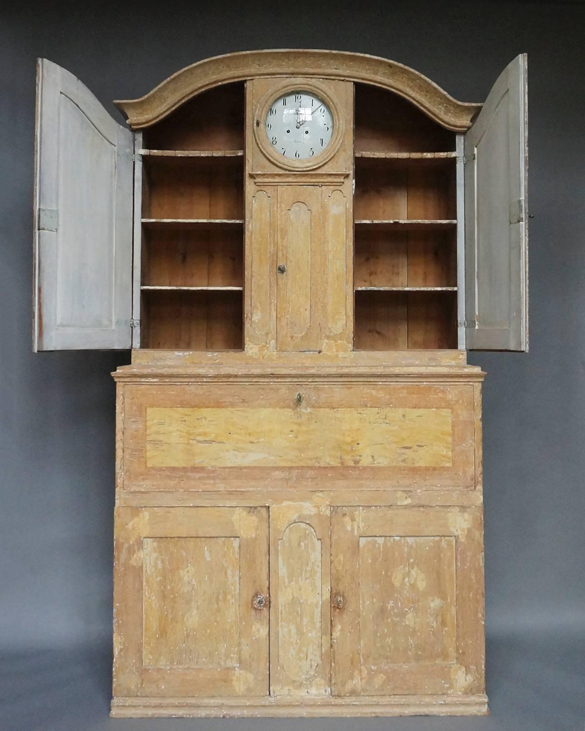 Baroque Period Secretary with Clock from Hälsingland For Sale