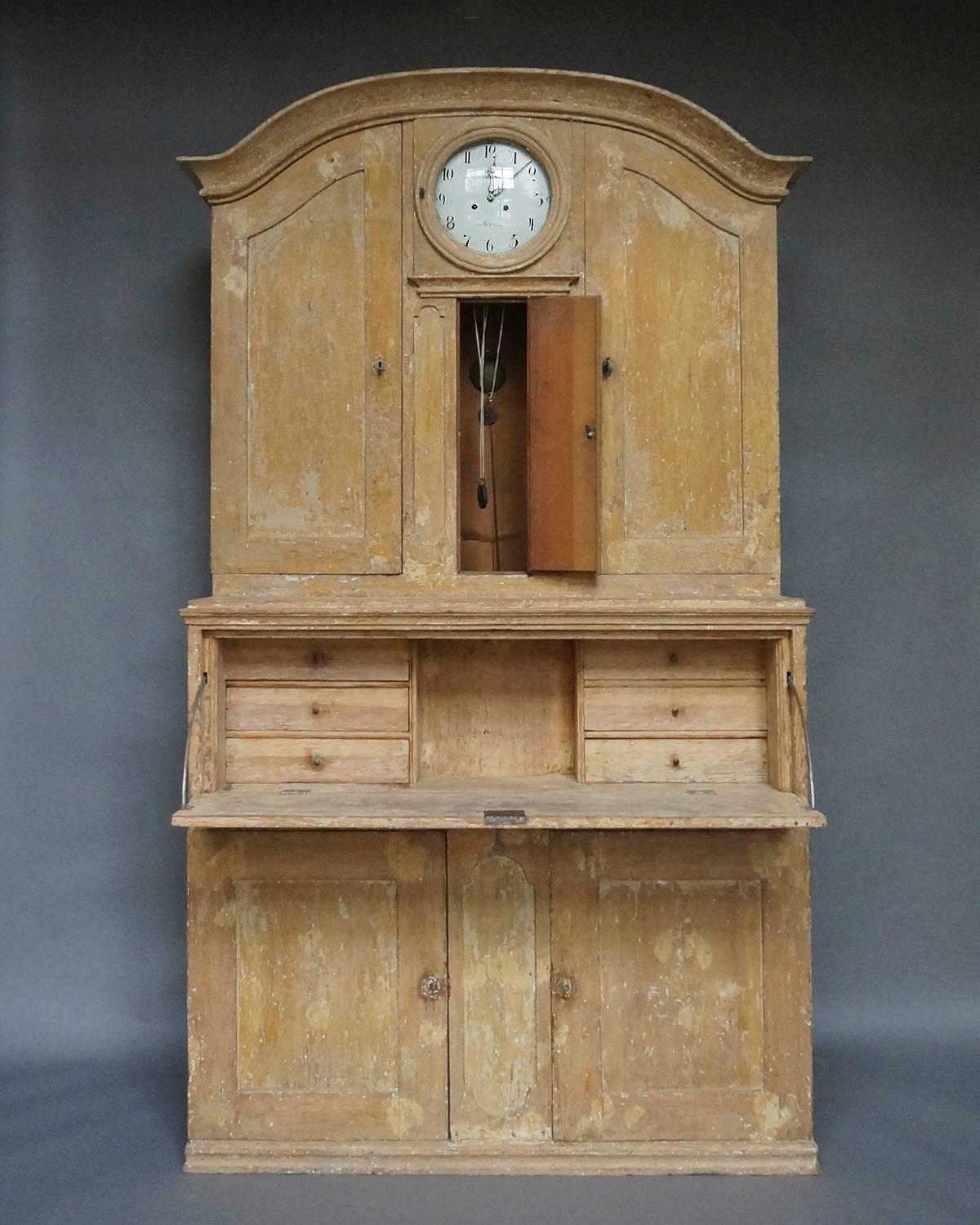 Swedish Period Secretary with Clock from Hälsingland For Sale