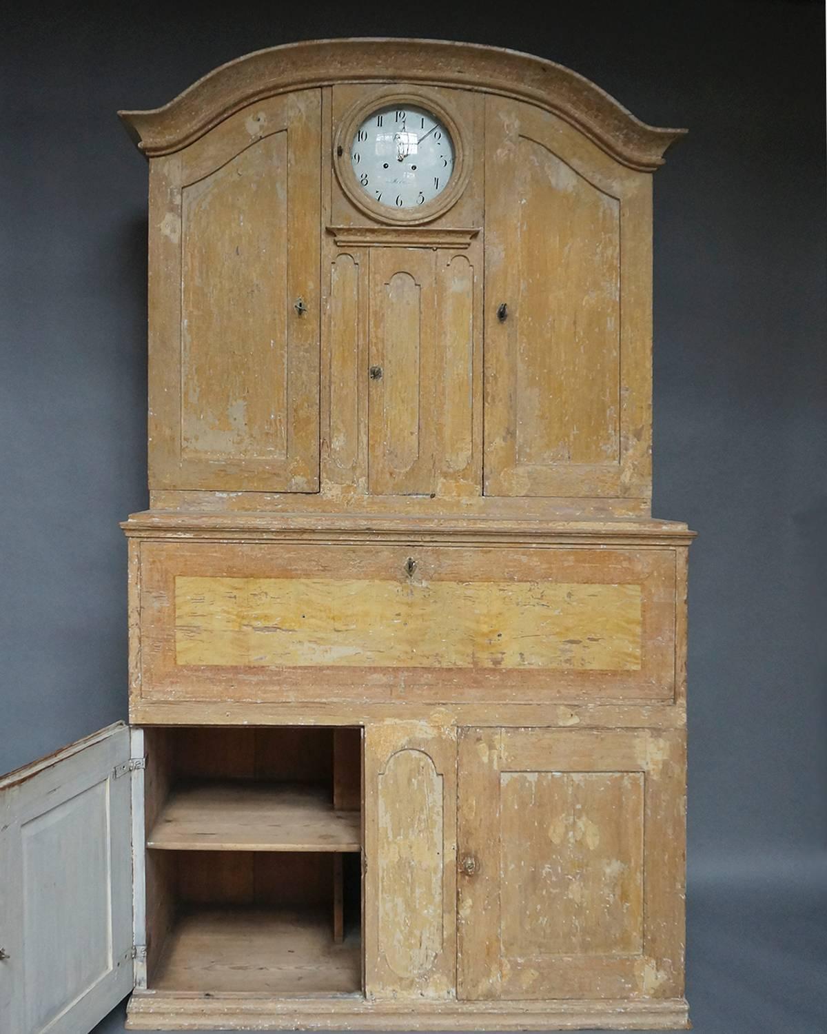 Carved Period Secretary with Clock from Hälsingland For Sale